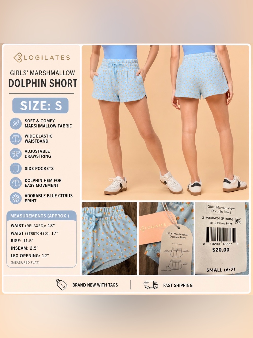 Blogilates Girls’ Marshmallow Dolphin Shorts NWT Blue Citrus Print size small
